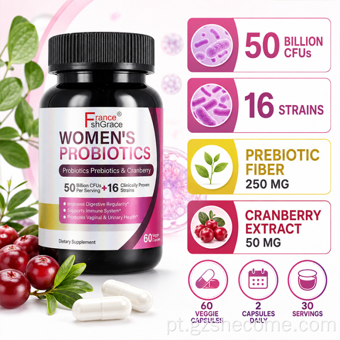 Cápsulas de probióticos Shecome para saúde digestiva feminina